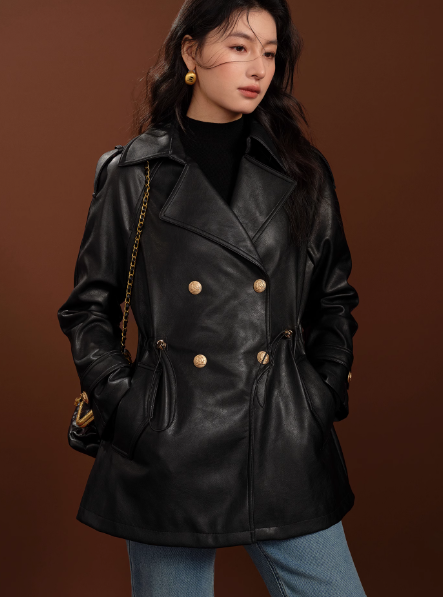 Women's Black PU Leather Double-Breasted Coat