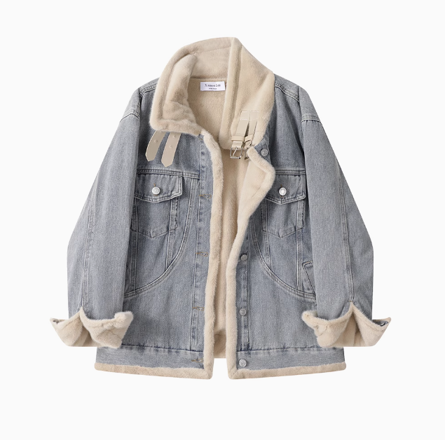 Winter Plush-Lined Stand Collar Denim Jacket