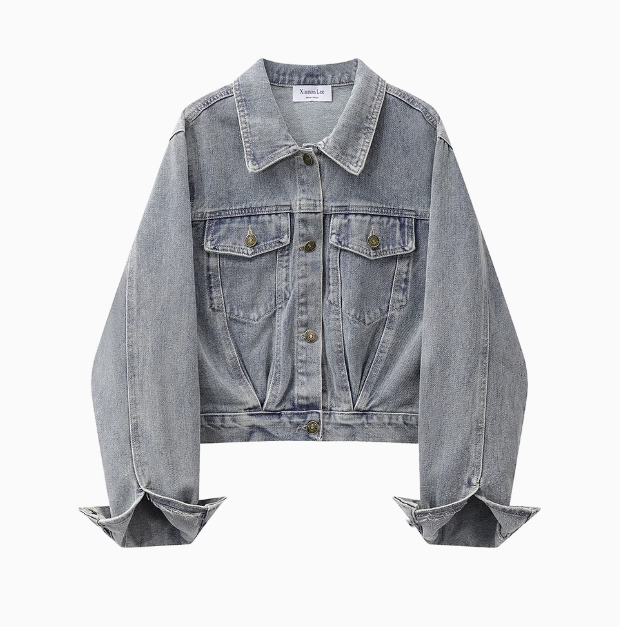 Retro Loose Polo Collar Denim Jacket for Women