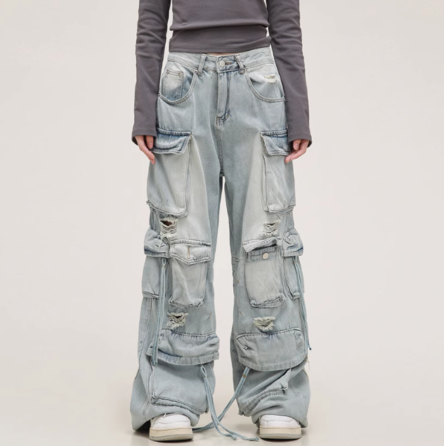 Unisex Retro Distressed Multi-Pocket Baggy Cargo Pants