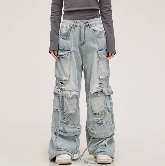 Unisex Retro Distressed Multi-Pocket Baggy Cargo Pants