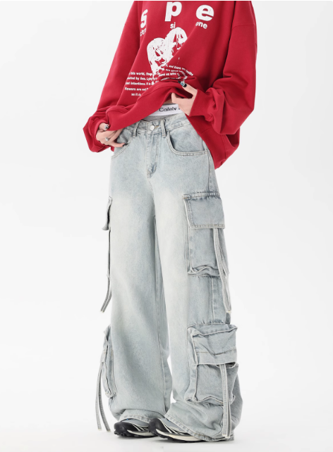 Unisex Retro Washed Wide-Leg Cargo Pants