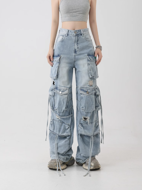 Women's High-Waisted Ripped Cargo Jeans