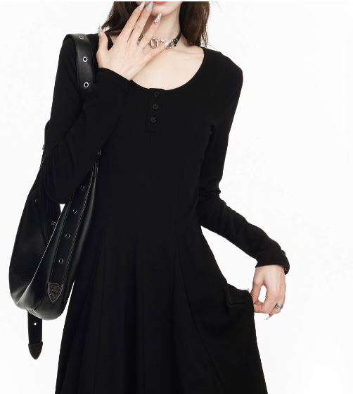 Long Black Flowy Gothic Maxi Dress with Scoop Neckline and Full Sleeves