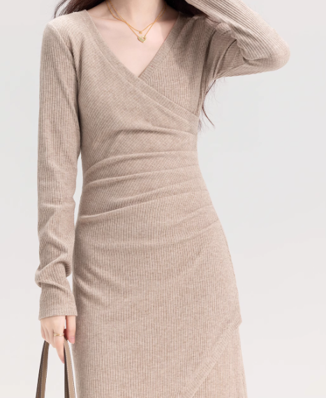 Title: Women’s High-Waist V-Neck A-Line Long Sleeve Dress – Casual Autumn Fashion | Fall 2024 Collection | S-XL