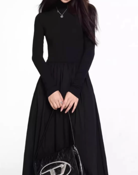 High-Neck Long Sleeve A-Line Dress – Fall 2024 Korean Style for Commuting