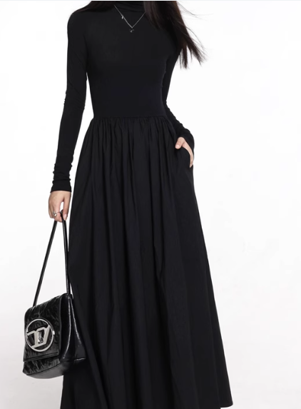 High-Neck Long Sleeve A-Line Dress – Fall 2024 Korean Style for Commuting