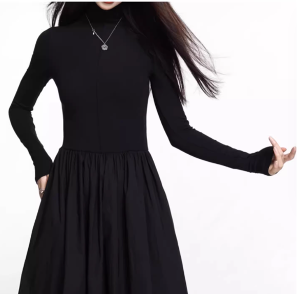 High-Neck Long Sleeve A-Line Dress – Fall 2024 Korean Style for Commuting