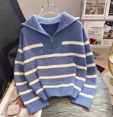 Women's Zipper Striped Sweater – Spring/Autumn 2024 Thick Knit