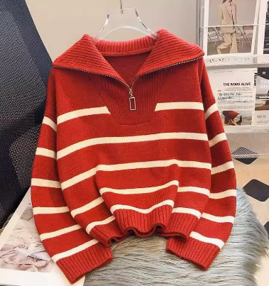 Women's Zipper Striped Sweater – Spring/Autumn 2024 Thick Knit