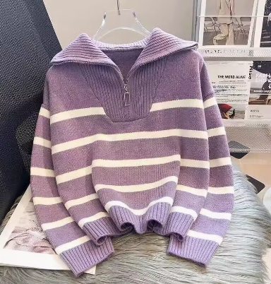 Women's Zipper Striped Sweater – Spring/Autumn 2024 Thick Knit