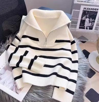 Women's Zipper Striped Sweater – Spring/Autumn 2024 Thick Knit