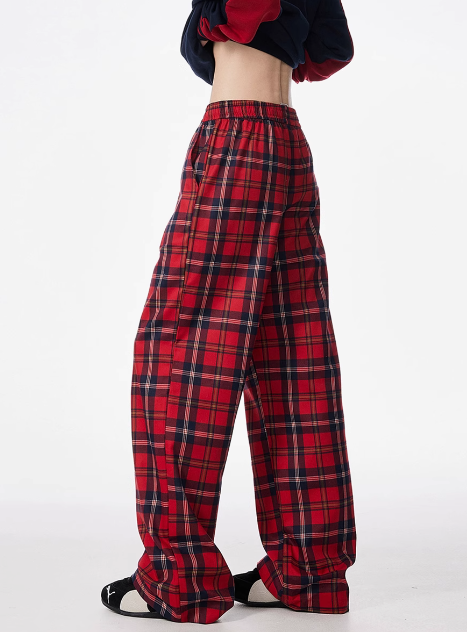 Women Red Velvet Plaid Wide-Leg Pants