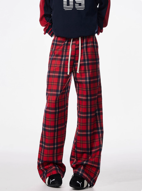 Women Red Velvet Plaid Wide-Leg Pants