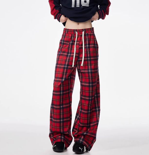 Women Red Velvet Plaid Wide-Leg Pants