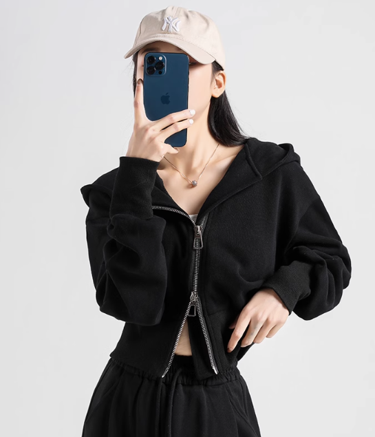 Batwing Sleeve Cropped Zipped Hoodie for woman