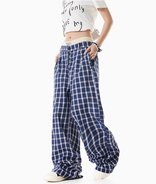 Wide-Leg High-Waist Plaid Trousers - Pants for Women