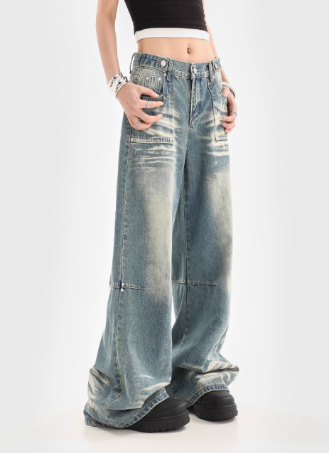 Women Wide-Leg Vintage Washed Denim Jeans