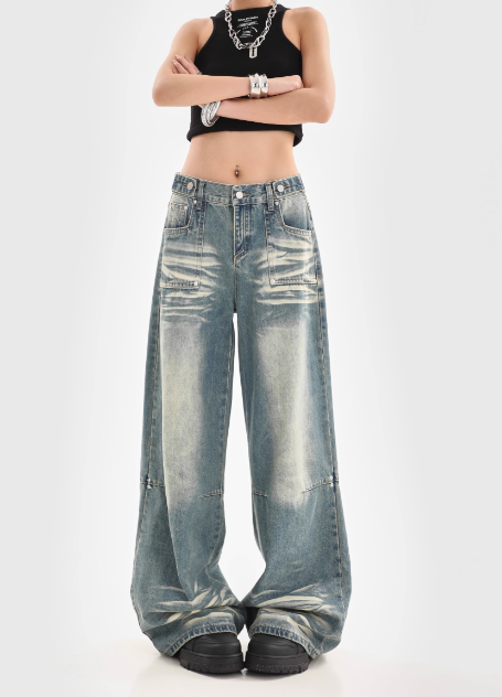 Women Wide-Leg Vintage Washed Denim Jeans