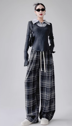 Plaid Wide-Leg Pants for Women | High-Waisted Drawstring Trousers