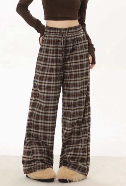 Plaid Wide-Leg Fleece-Lined Pants for Women