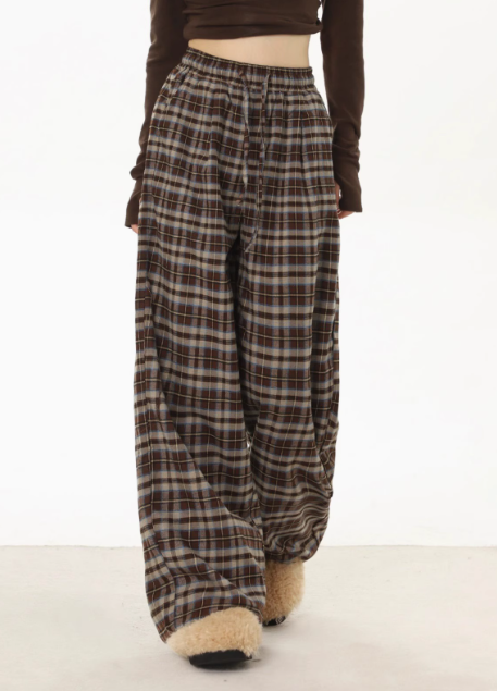 Plaid Wide-Leg Fleece-Lined Pants for Women