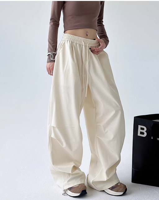 Black Wide-Leg Drawstring Pants for Women