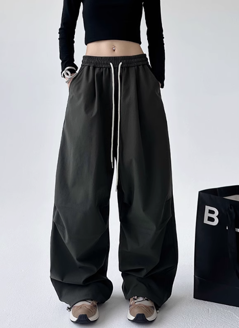 Black Wide-Leg Drawstring Pants for Women