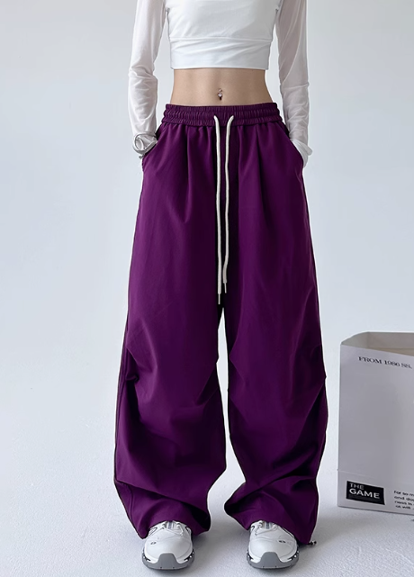 Black Wide-Leg Drawstring Pants for Women