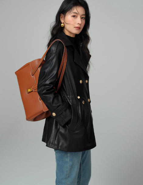 Women's Black PU Leather Double-Breasted Coat