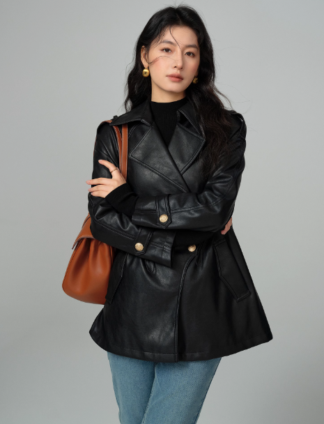 Women's Black PU Leather Double-Breasted Coat