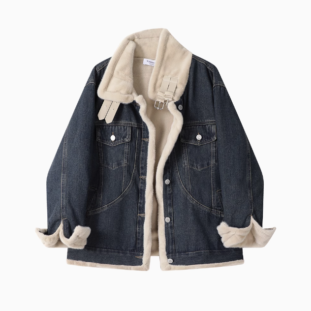 Winter Plush-Lined Stand Collar Denim Jacket