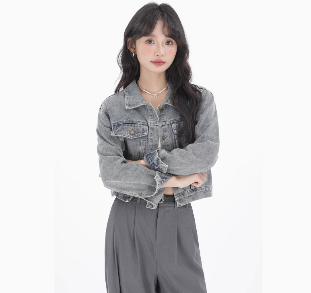 Retro Loose Polo Collar Denim Jacket for Women