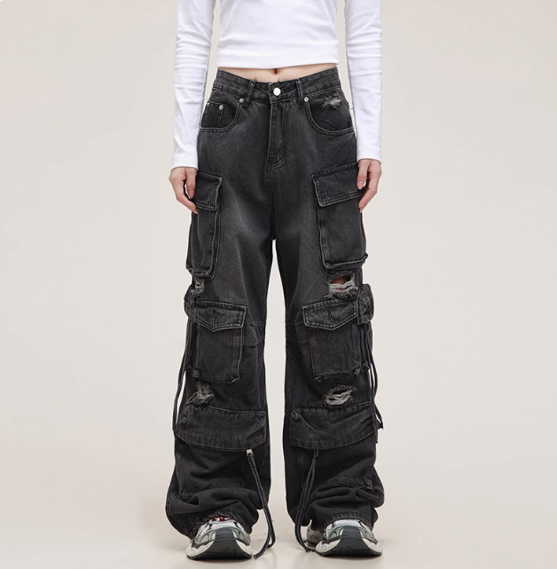 Unisex Retro Distressed Multi-Pocket Baggy Cargo Pants