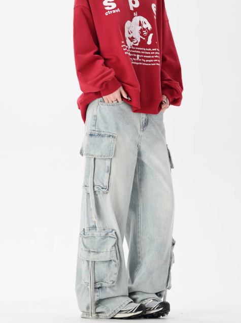 Unisex Retro Washed Wide-Leg Cargo Pants