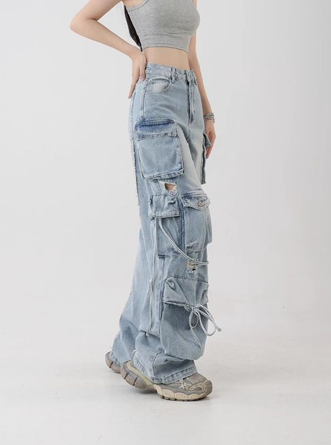 Women's High-Waisted Ripped Cargo Jeans