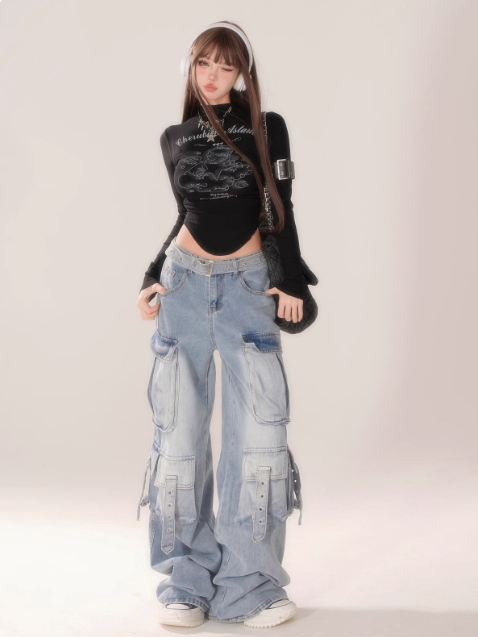 Women's Gradient Blue Cargo Jeans