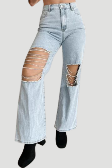 Distressed Bead Chain Straight Jeans Trendsi