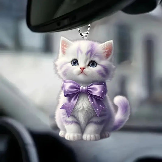 Adorable Kitten with Purple Bow Car decoration Ornament - Perfect for Cute and Charming Decor