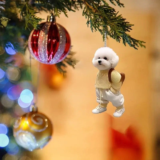 Adorable Bichon Frise Dog in Cozy Outfit Car & Christmas Tree Ornament