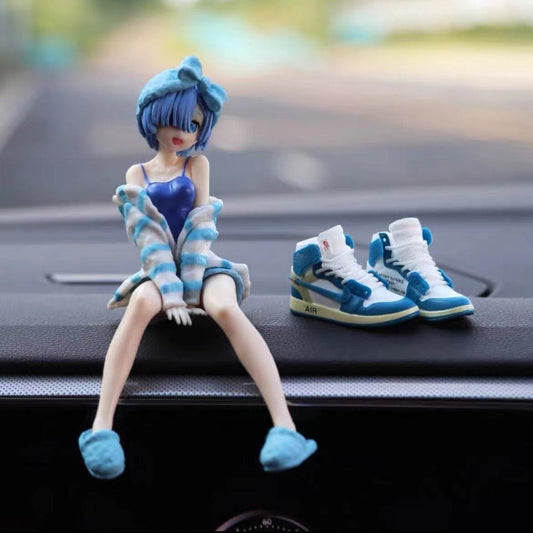 Whimsical Haired Figurine Relaxing on Car Dashboard with Stylish and White Sneakers