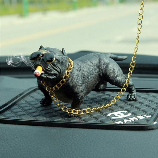 Cool Bulldog Figurine with Sunglasses and Gold Chain for Car Dashboard