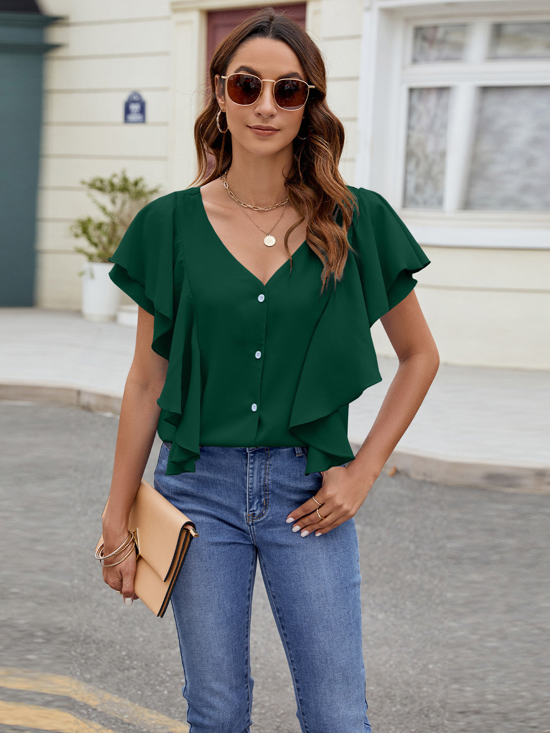 Ruffled V-Neck Short Sleeve Top - blue yonderz