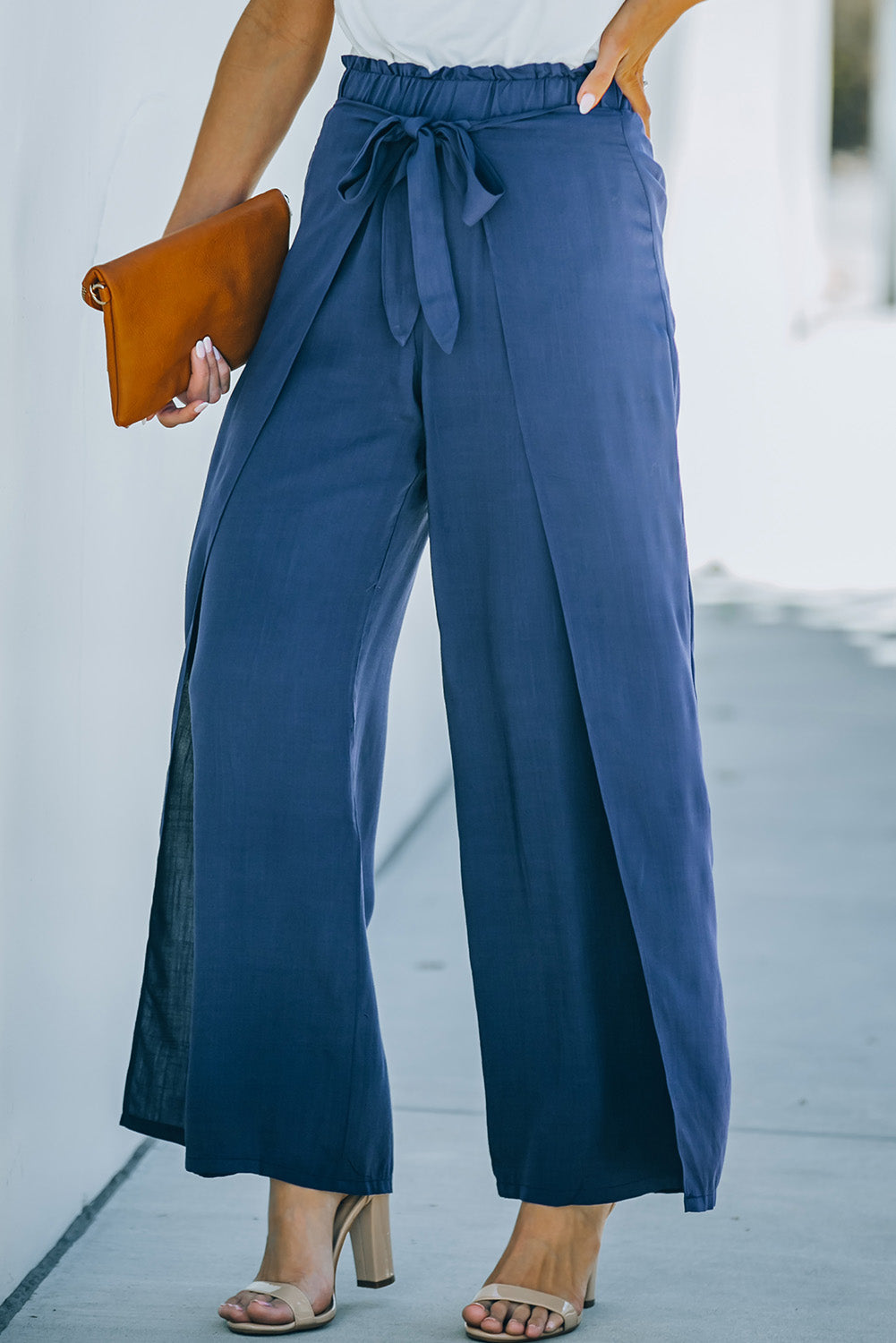 Paperbag Waist Tie Front Wide Leg Pants - blue yonderz