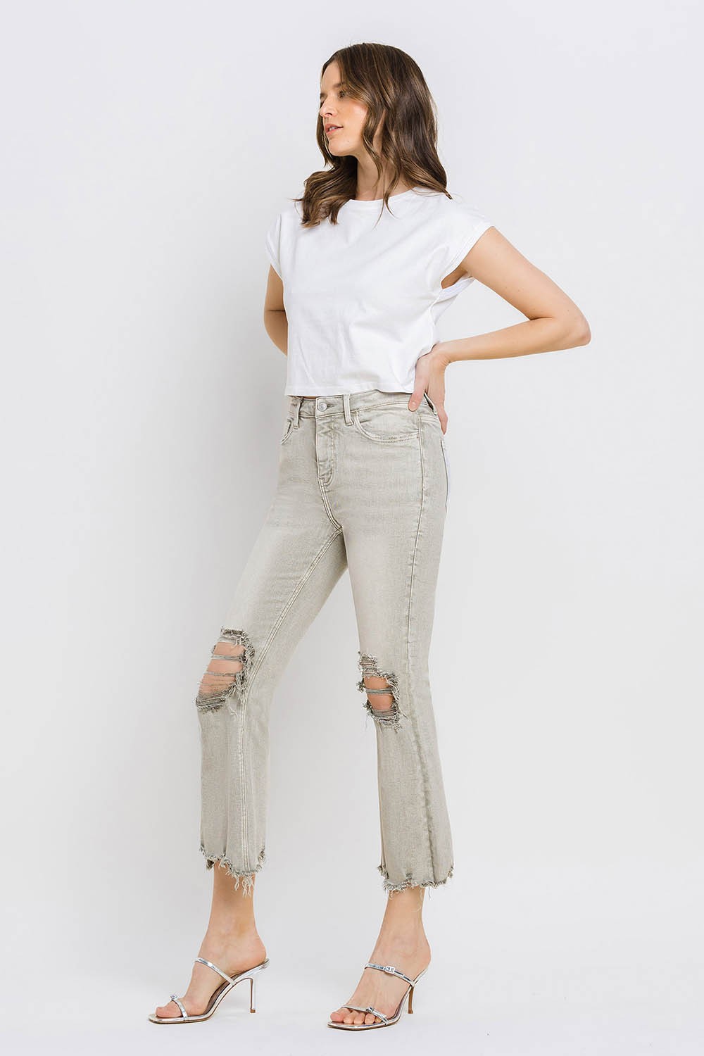 Lovervet Distressed Raw Hem Cropped Flare Jeans - blue yonderz