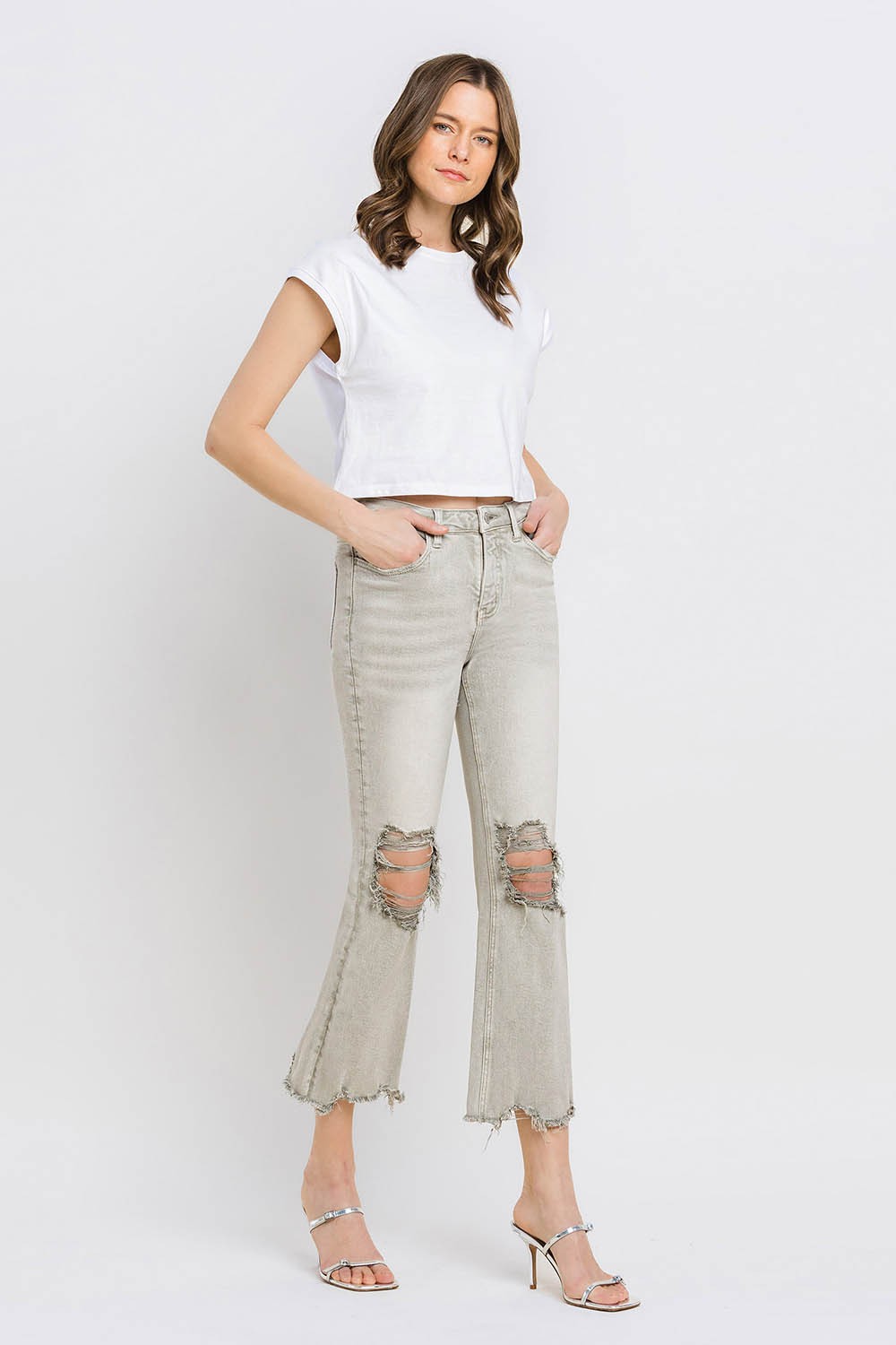 Lovervet Distressed Raw Hem Cropped Flare Jeans - blue yonderz