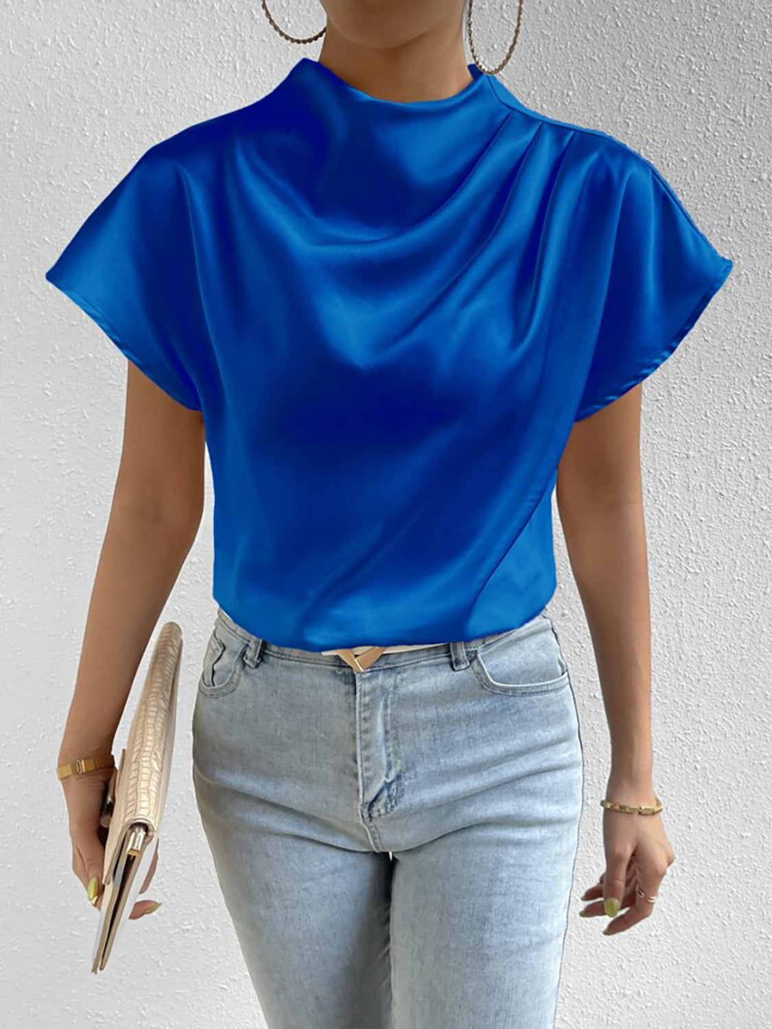 Ruched Mock Neck Short Sleeve Blouse - blue yonderz