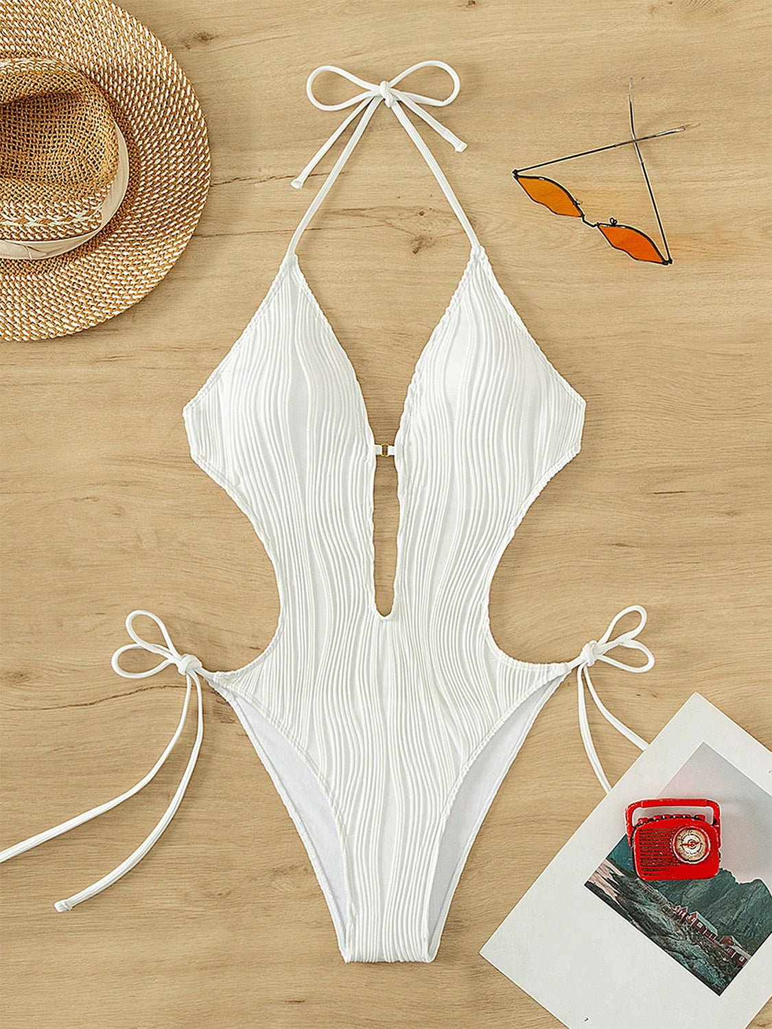 Textured Cutout Tied One-Piece Swimwear Trendsi