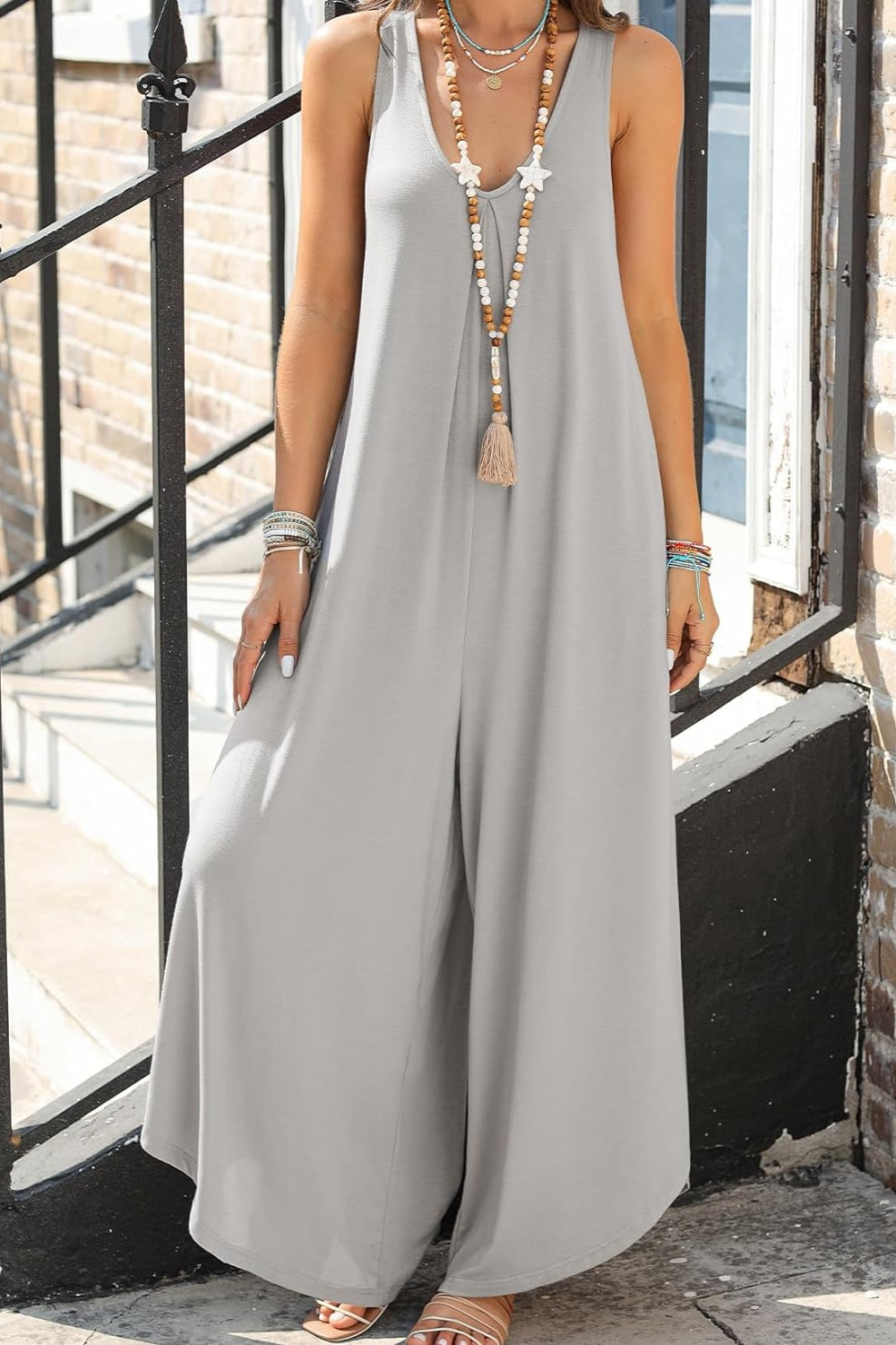 Pocketed Scoop Neck Wide Leg Jumpsuit - bllue yonders