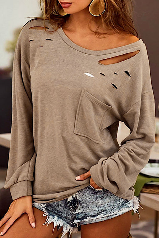 Distressed Pocketed Round Neck Long  Sleeve T-Shirt - blue yonderz